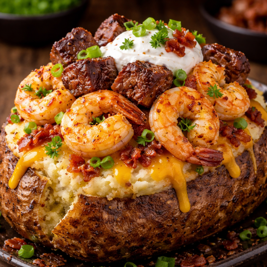 Steak + Shrimp Loaded Potato